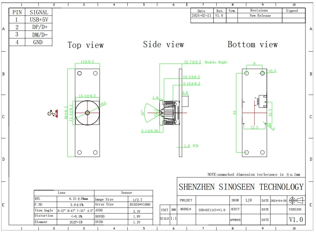 2MP 1920*1080 Interfaz USB de enfoque fijo 25FPS con módulo de cámara de sensor PS5268 para grabadora de conducción